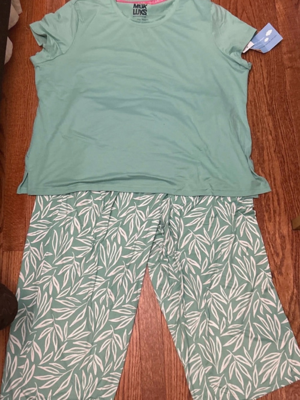 Muk Luks Aqua Green Short-Sleeve Top & Leaf-Print Pajama Pants